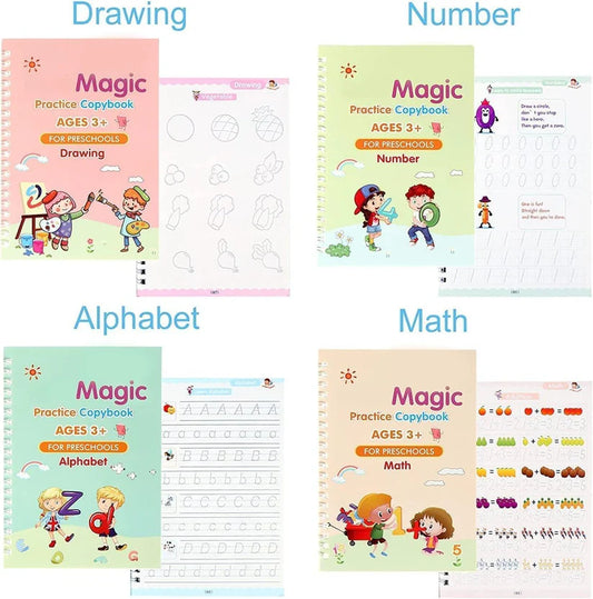 Magic Reusable Kids Practice Copybook Set (4 Books + Pen + 10 Refills)