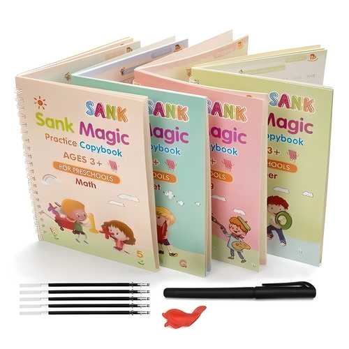 Magic Reusable Kids Practice Copybook Set (4 Books + Pen + 10 Refills)