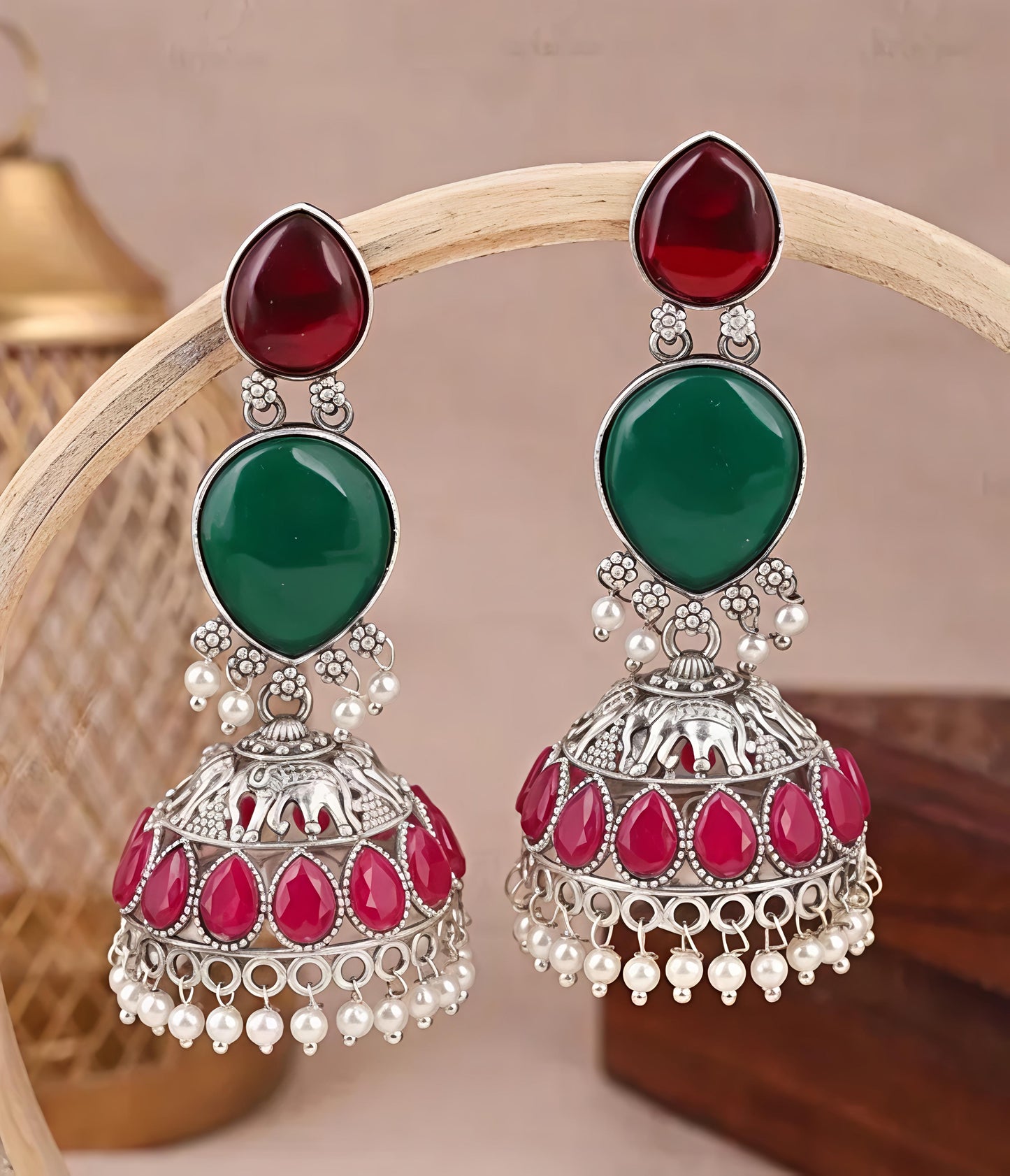 Royal Stone Pearl Oxidised Jhumka Earrings