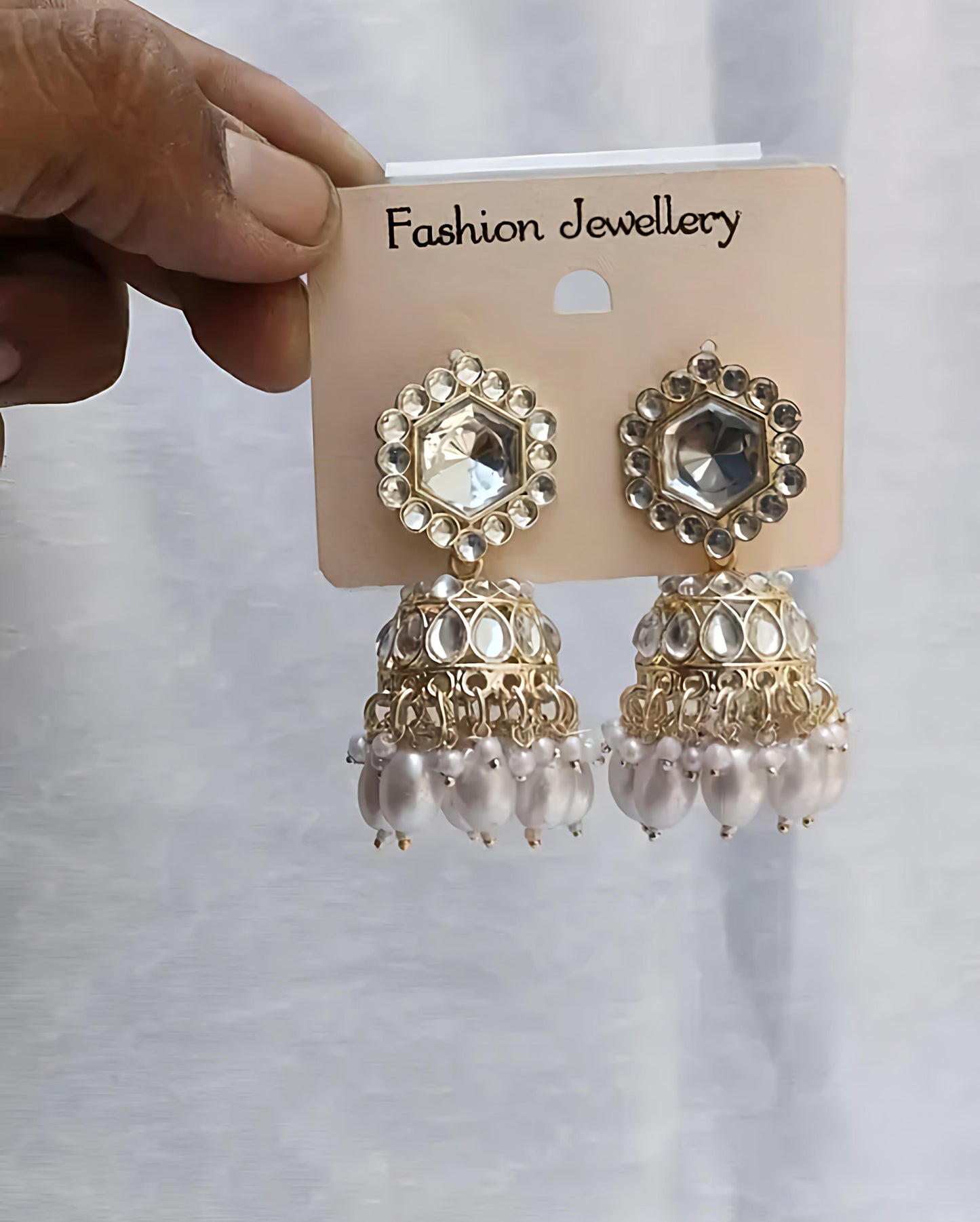 Golden Kundan Pearl Drop Jhumka Earrings