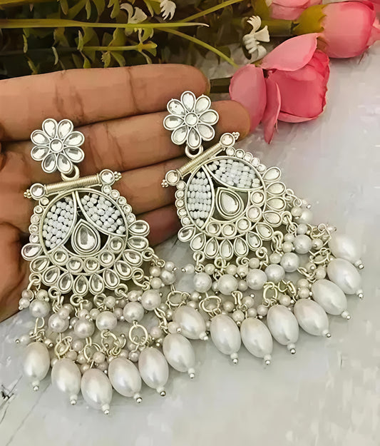Royal White Kundan Pearl Drop Chandbali Earrings