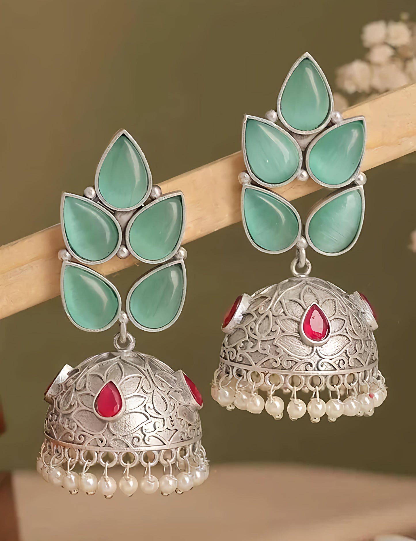 Floral Stone Oxidised Pearl Jhumka Earrings
