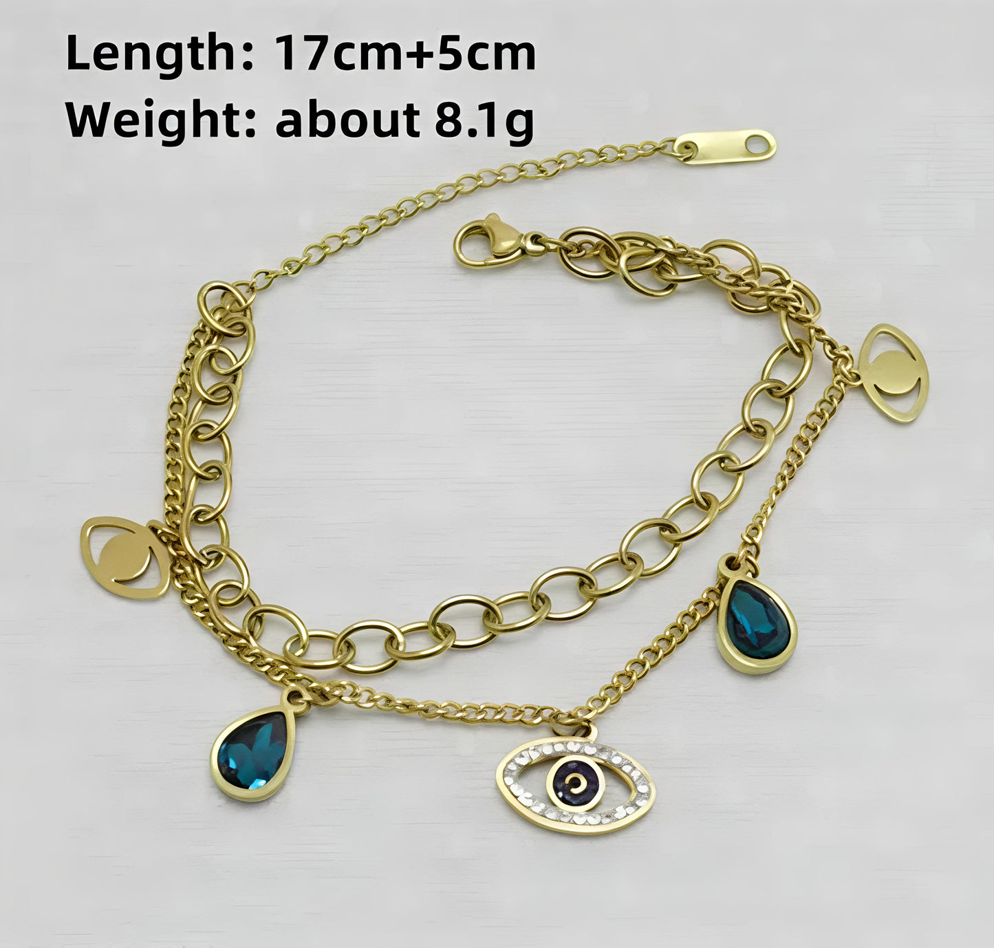 Evil Eye Blue Charm Layered Bracelet (Gold Finish)