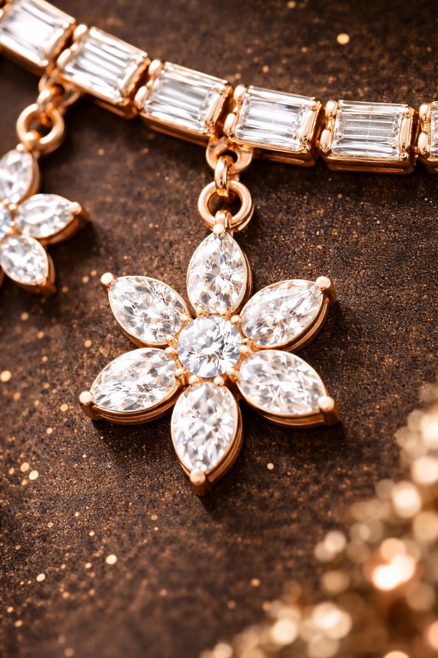 Floral Drop Diamond Necklace & Earrings Set (Rose Gold Finish)