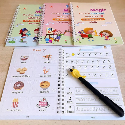 Magic Reusable Kids Practice Copybook Set (4 Books + Pen + 10 Refills)