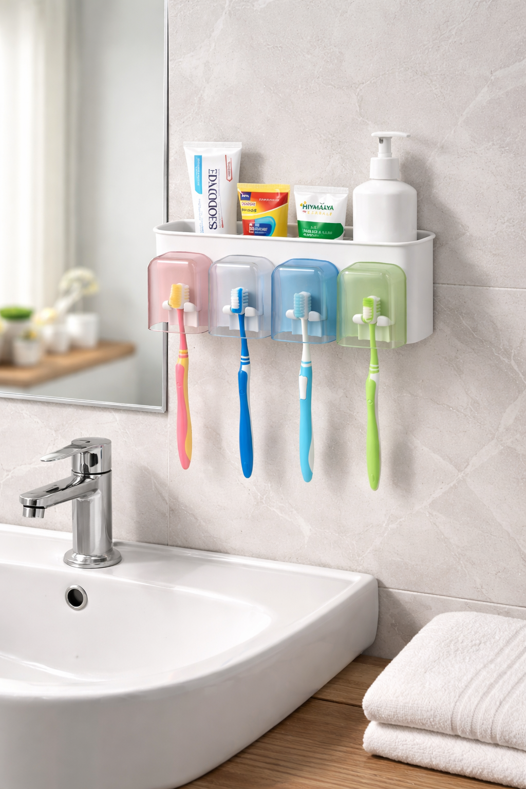 Premium Bathroom Toothbrush & Toothpaste Organizer – 4 Cups Storage Rack