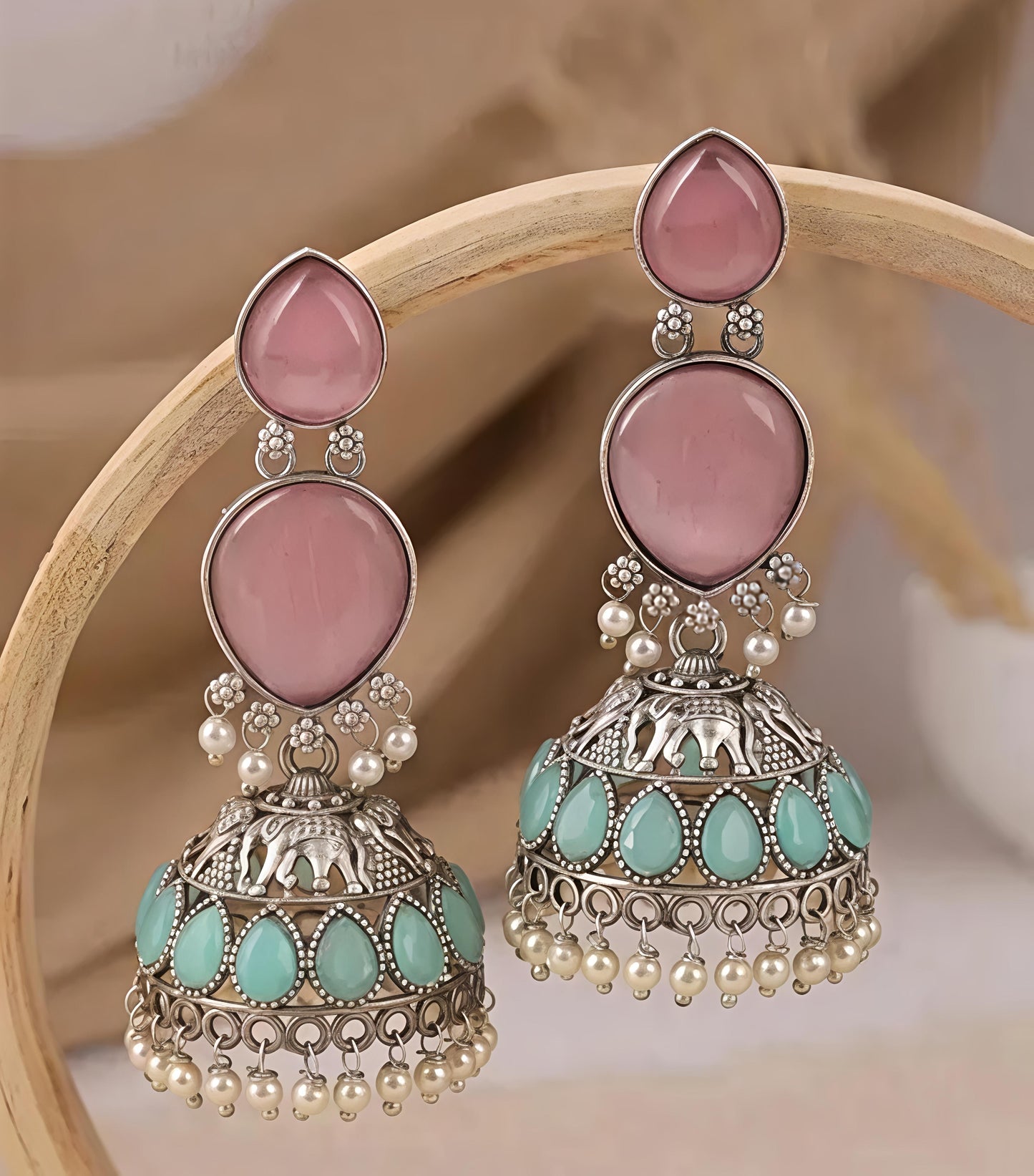 Royal Stone Pearl Oxidised Jhumka Earrings