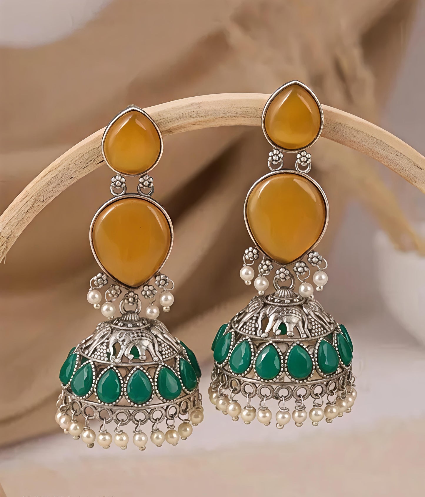 Royal Stone Pearl Oxidised Jhumka Earrings
