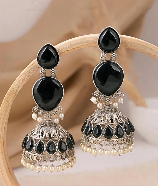 Royal Stone Pearl Oxidised Jhumka Earrings