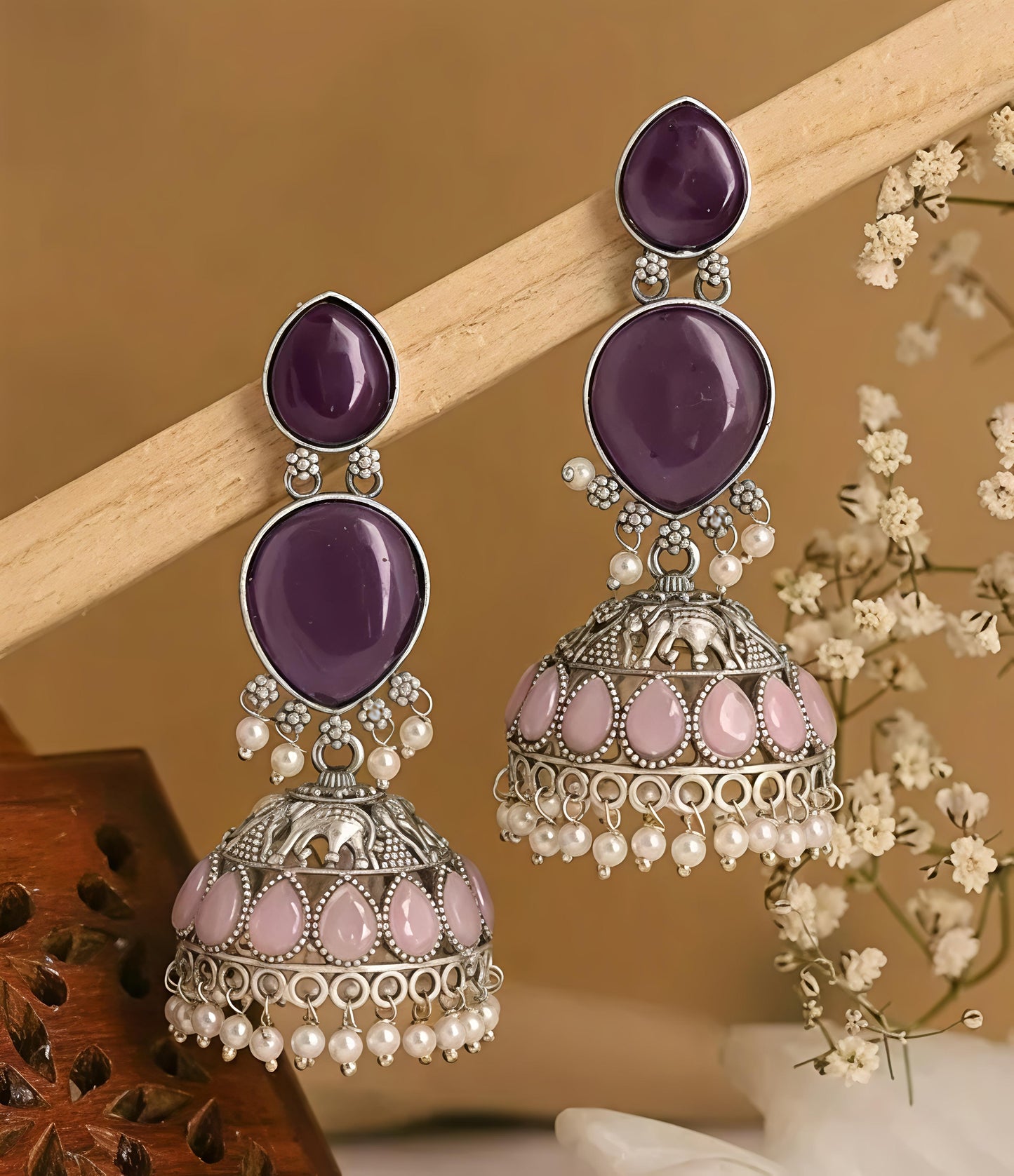 Royal Stone Pearl Oxidised Jhumka Earrings