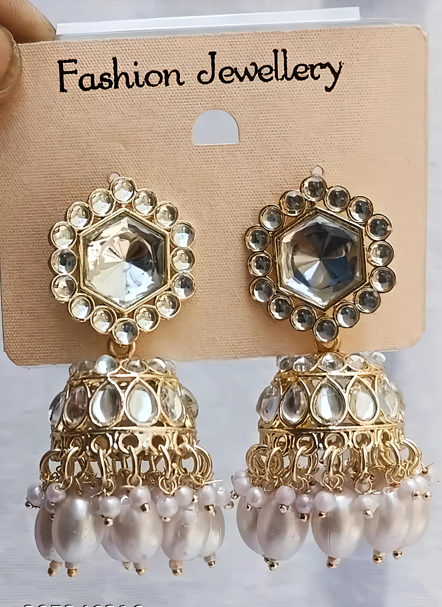 Golden Kundan Pearl Drop Jhumka Earrings