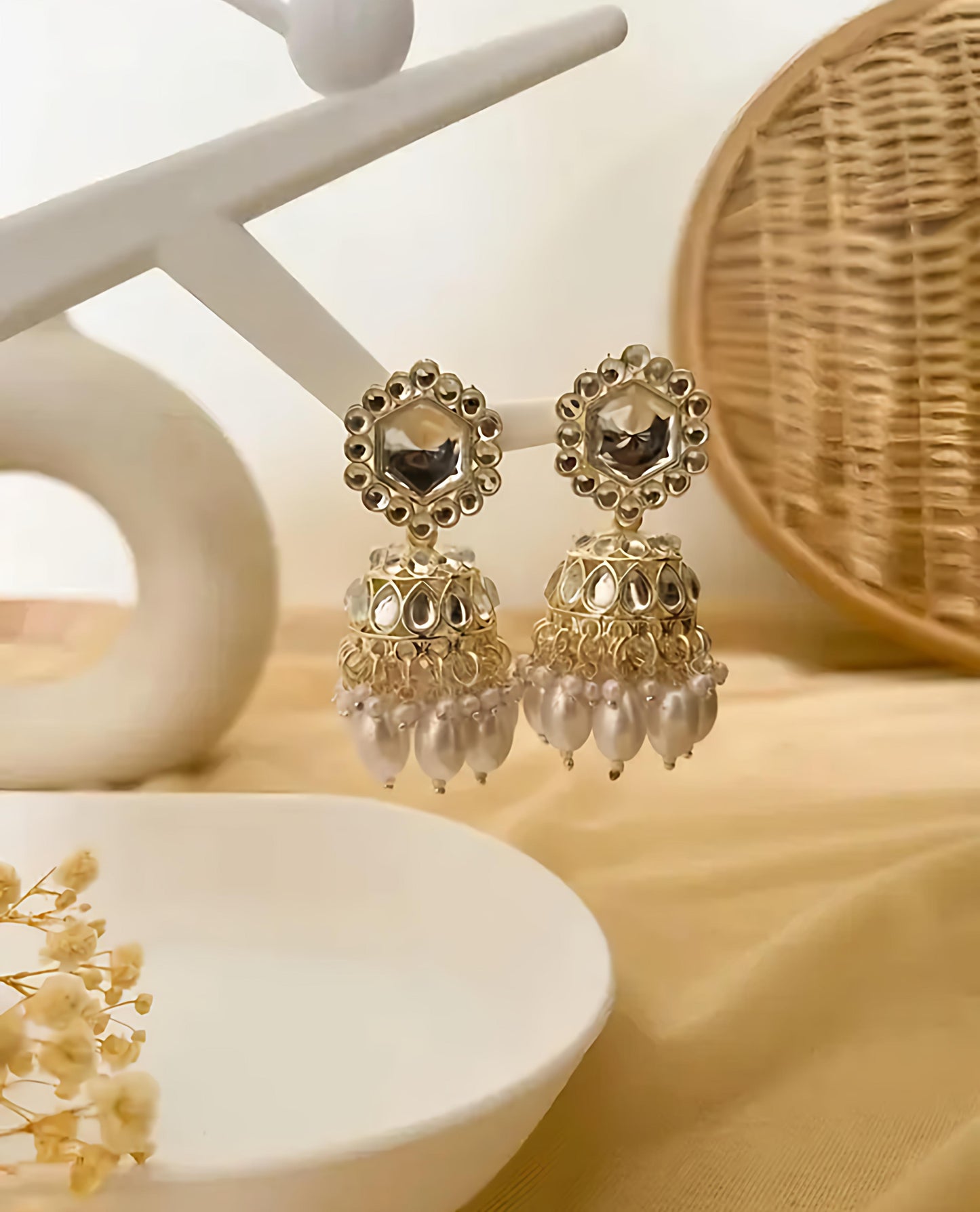 Golden Kundan Pearl Drop Jhumka Earrings