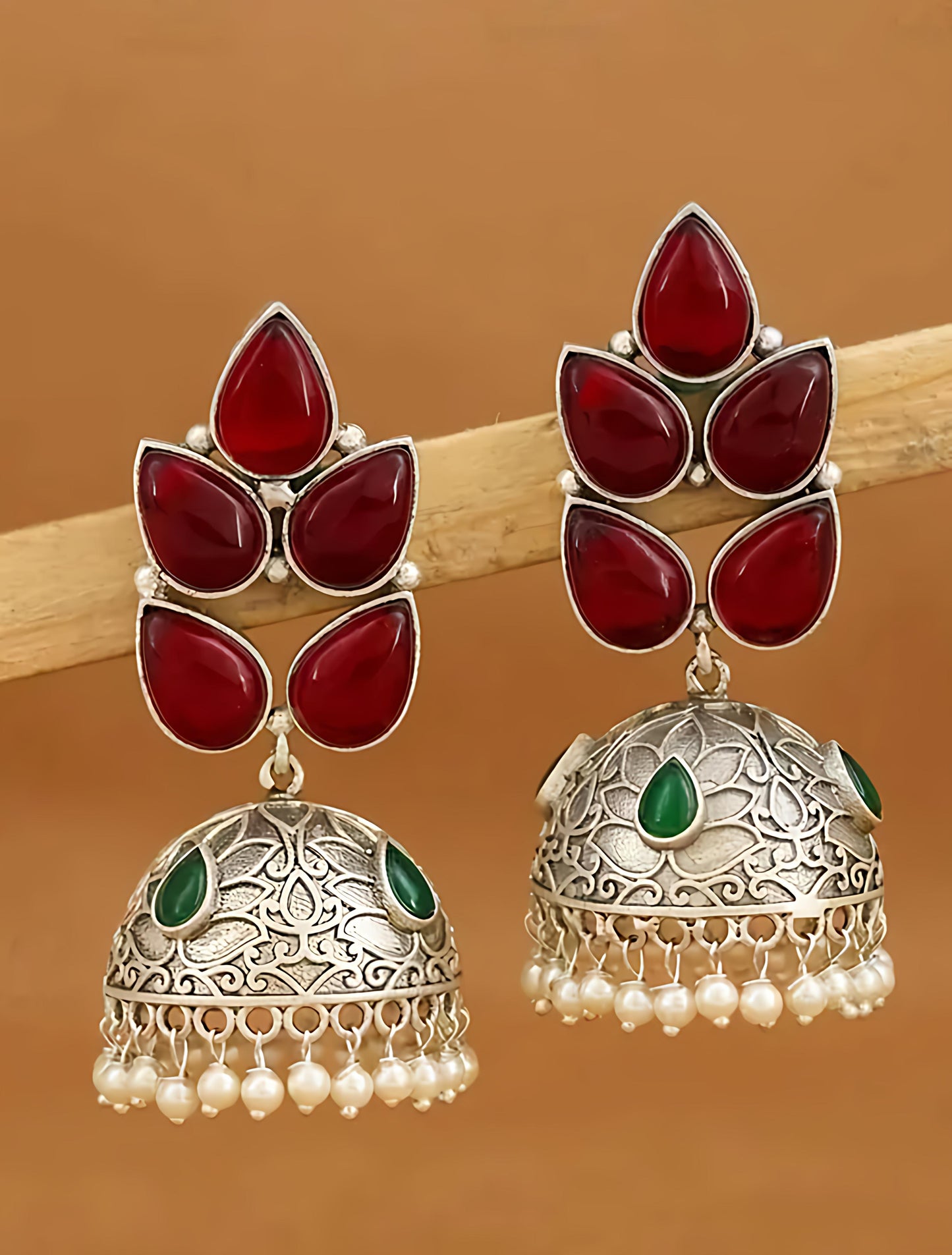 Floral Stone Oxidised Pearl Jhumka Earrings