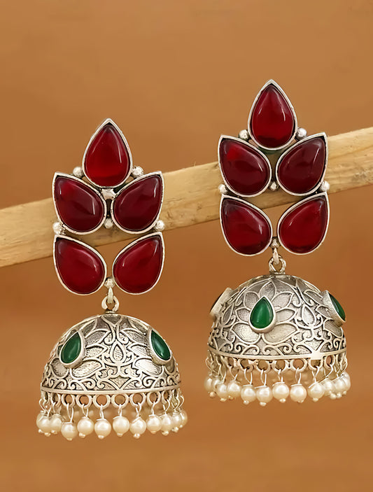 Floral Stone Oxidised Pearl Jhumka Earrings