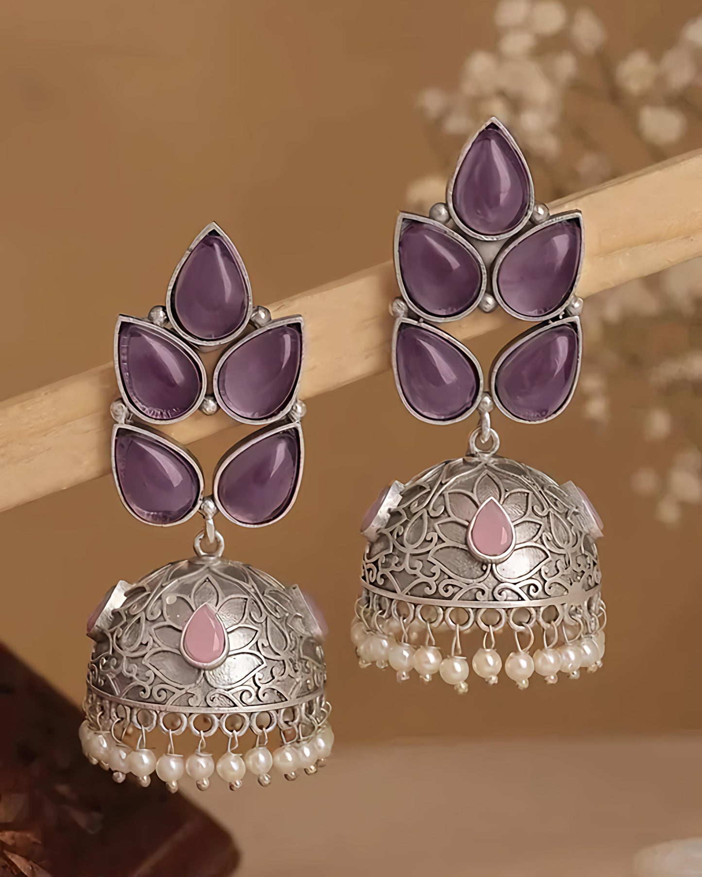 Floral Stone Oxidised Pearl Jhumka Earrings