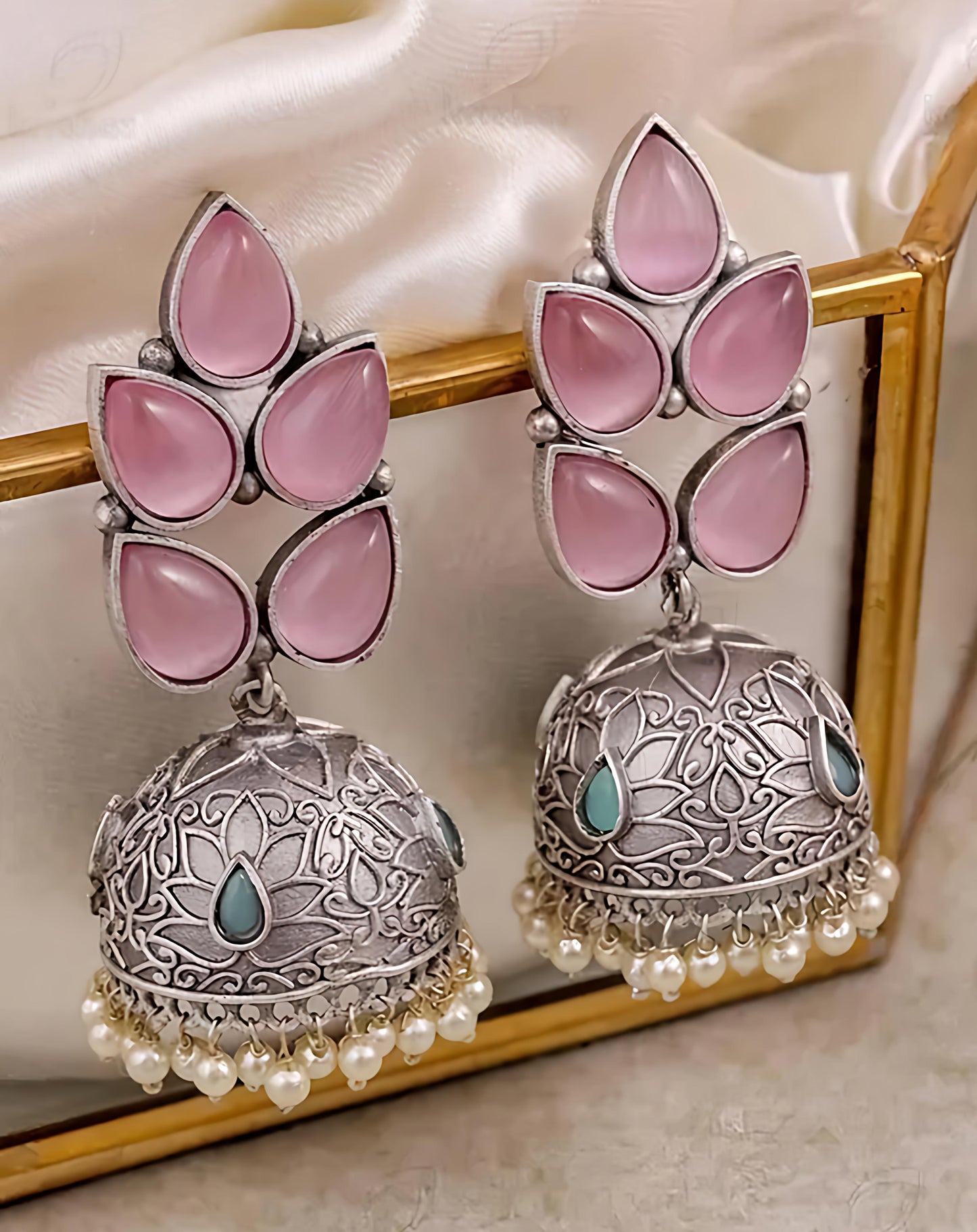 Floral Stone Oxidised Pearl Jhumka Earrings