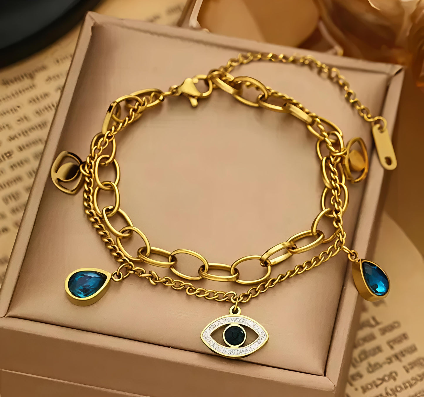 Evil Eye Blue Charm Layered Bracelet (Gold Finish)