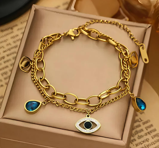 Evil Eye Blue Charm Layered Bracelet (Gold Finish)