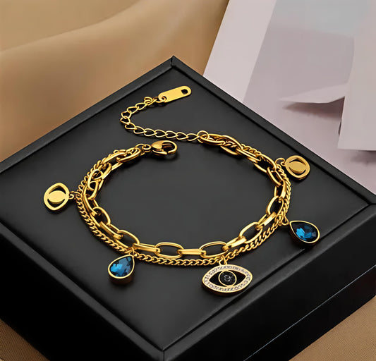 Evil Eye Blue Charm Layered Bracelet (Gold Finish)