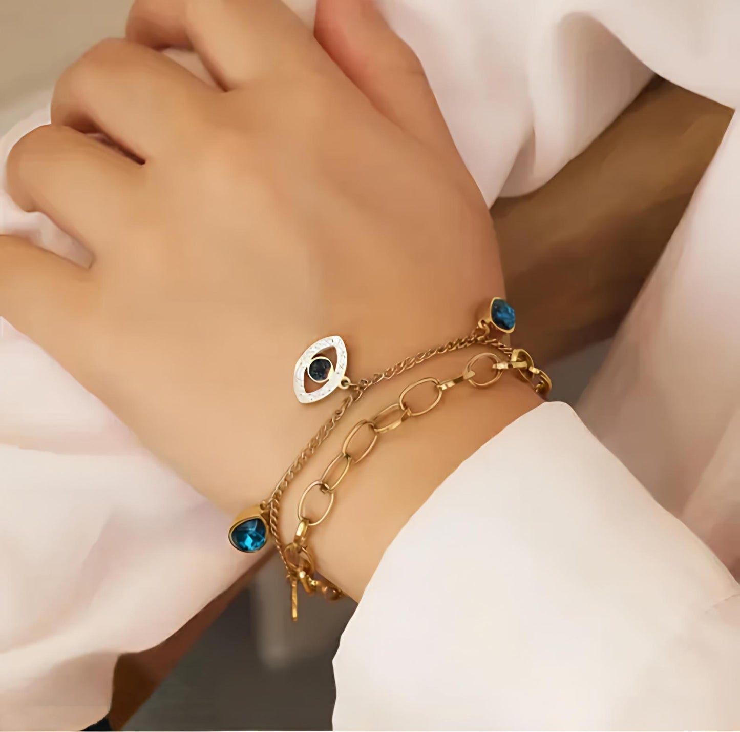 Evil Eye Blue Charm Layered Bracelet (Gold Finish)