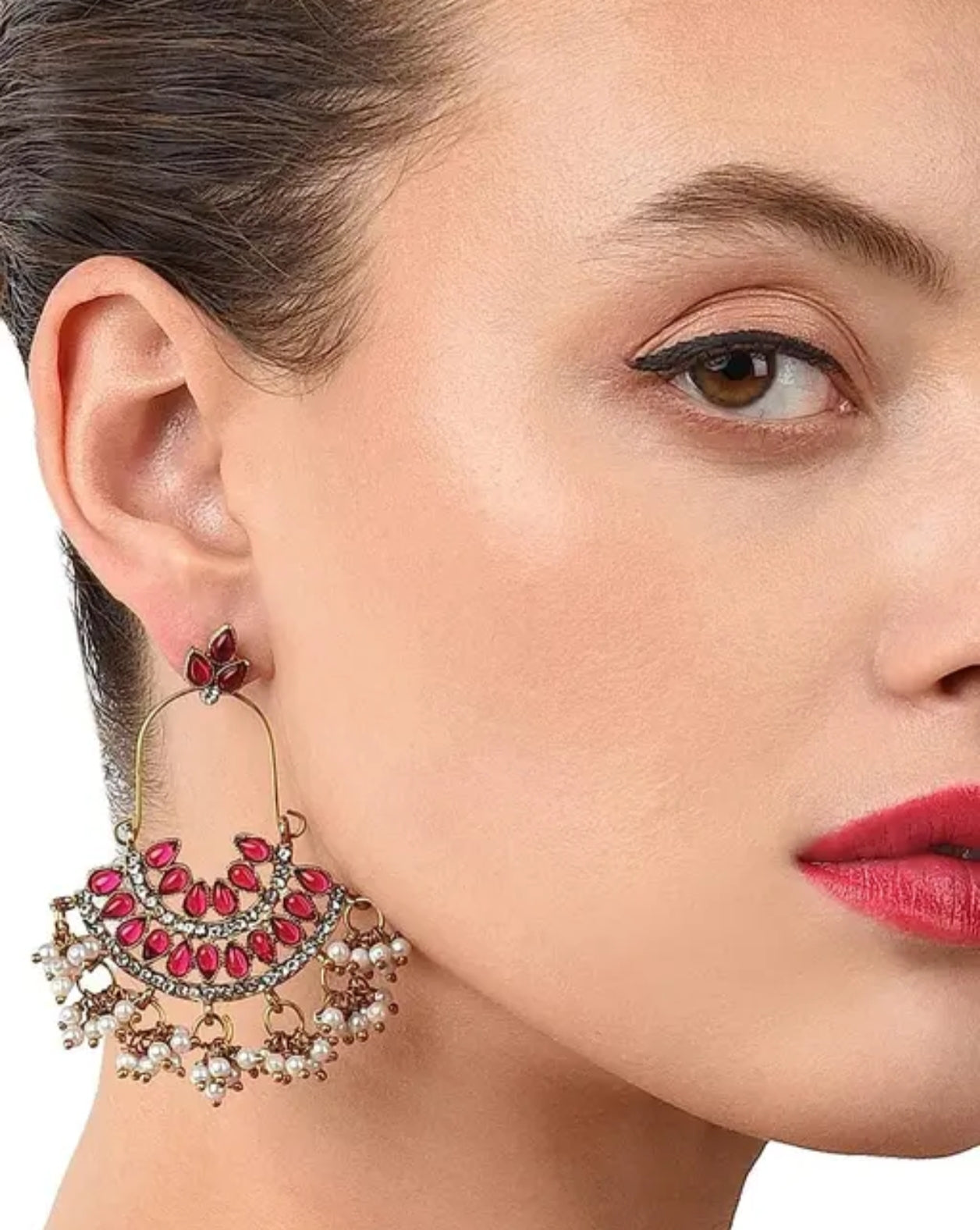 Red Noor-e-Chand Pearl Chandbali Earrings