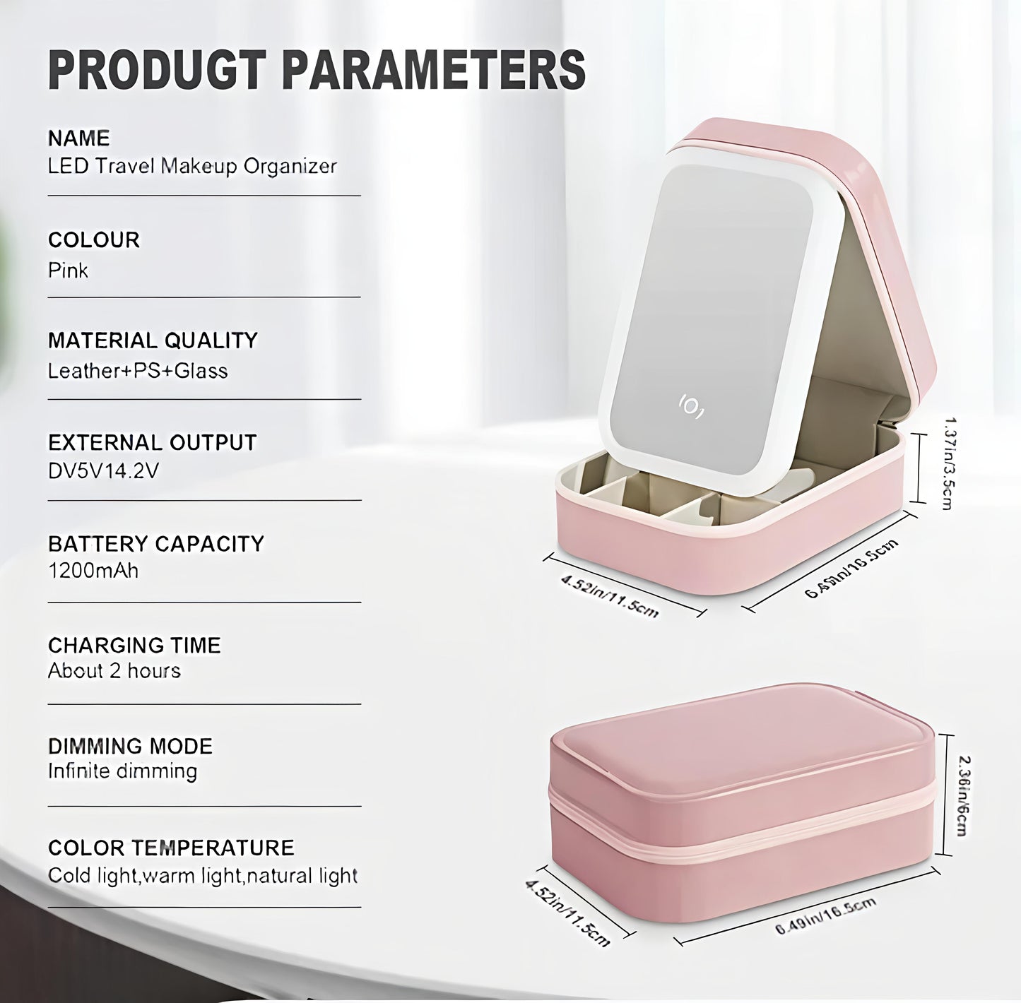 Blush Pink Foldable LED Cosmetic Mirror Makeup Organizer
