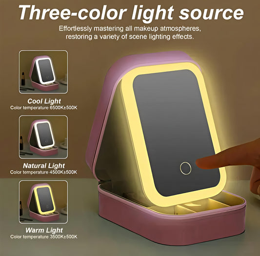 Blush Pink Foldable LED Cosmetic Mirror Makeup Organizer