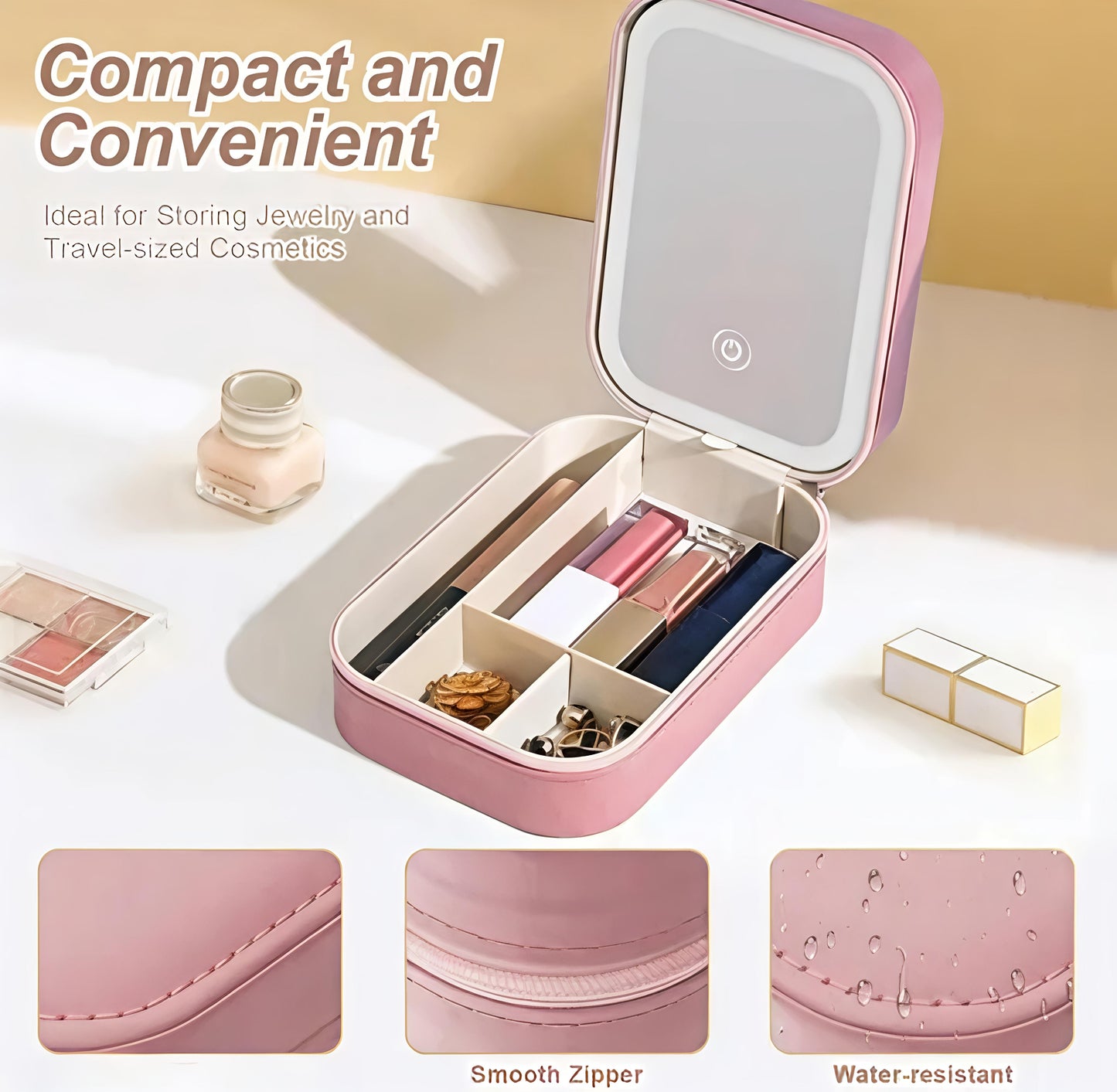 Blush Pink Foldable LED Cosmetic Mirror Makeup Organizer