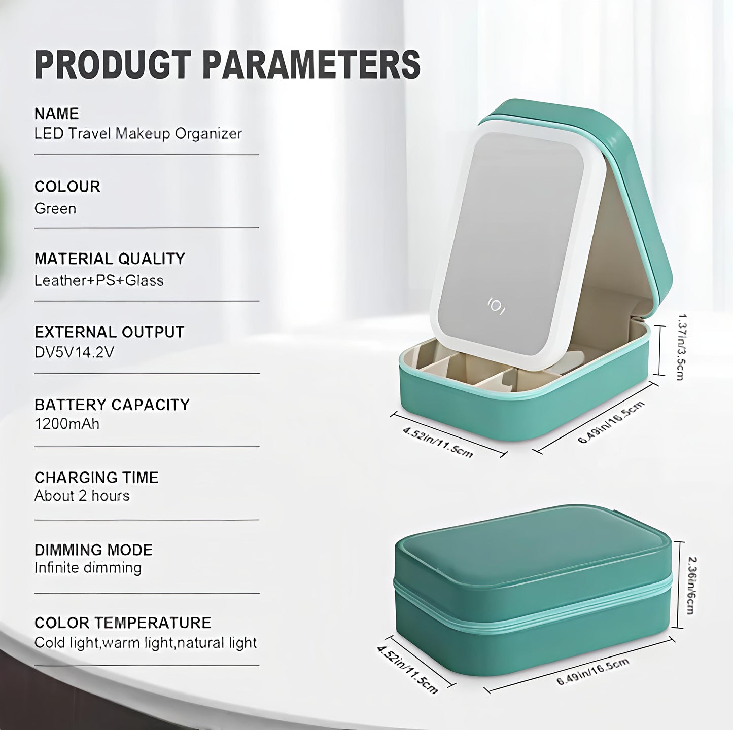 Sea Green Foldable LED Cosmetic Mirror Makeup Organizer