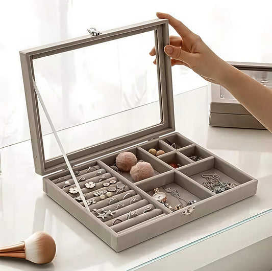 Velvet Jewelry Organizer Box with Glass Lid