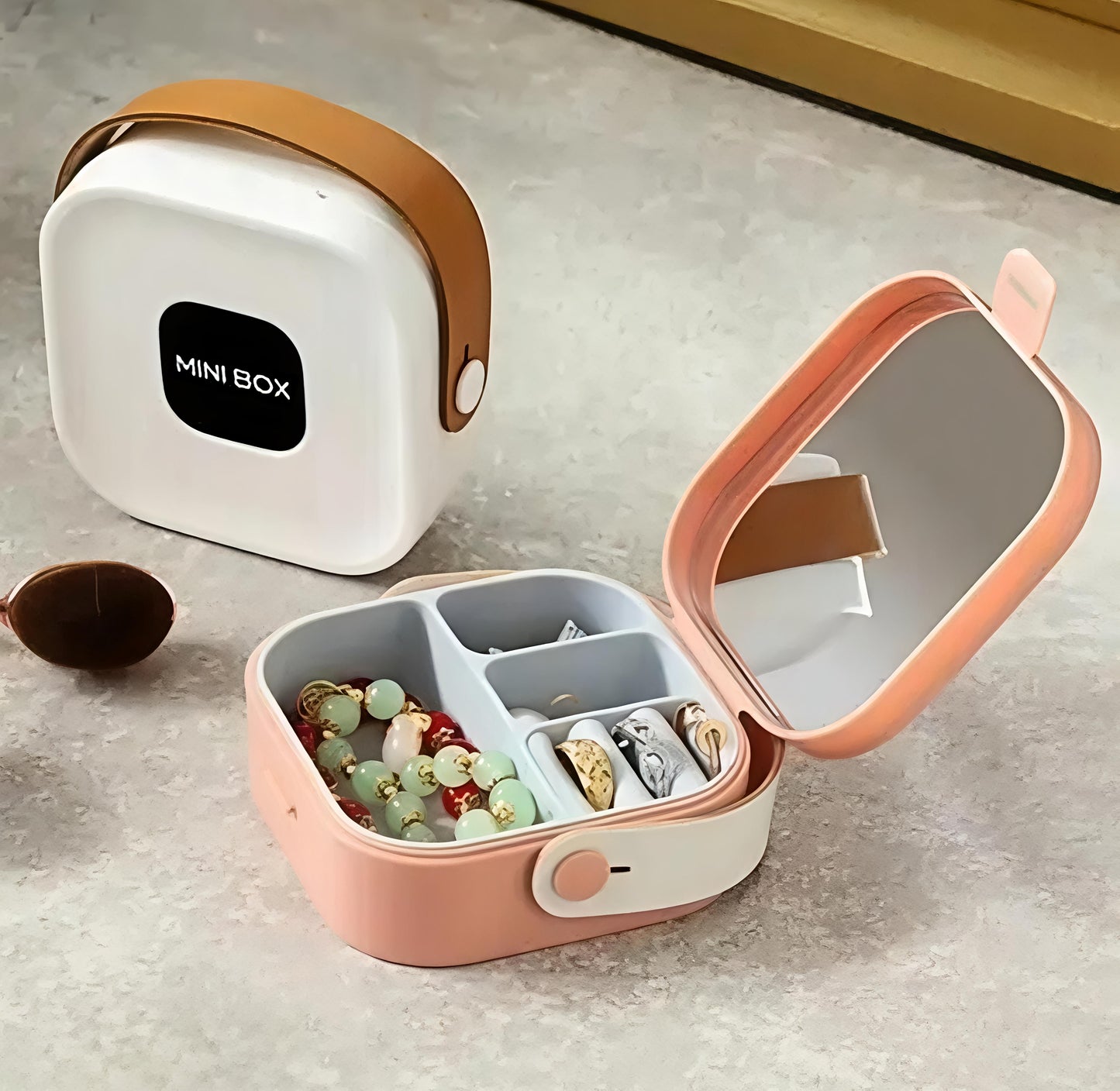 Mini Portable Jewelry Organizer Box with Mirror & Handle