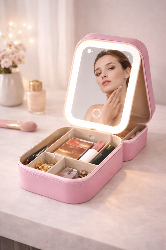 Blush Pink Foldable LED Cosmetic Mirror Makeup Organizer