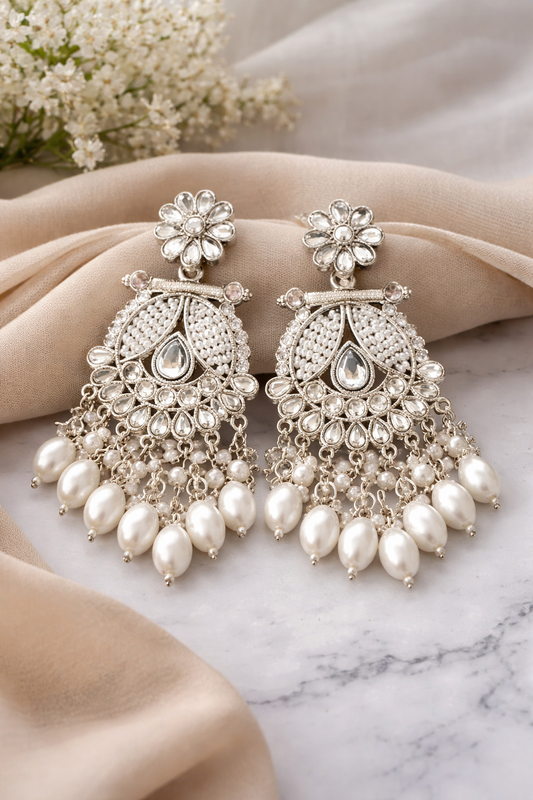 Royal White Kundan Pearl Drop Chandbali Earrings