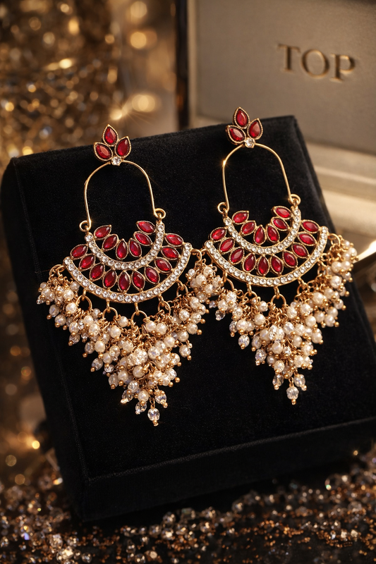Red Noor-e-Chand Pearl Chandbali Earrings