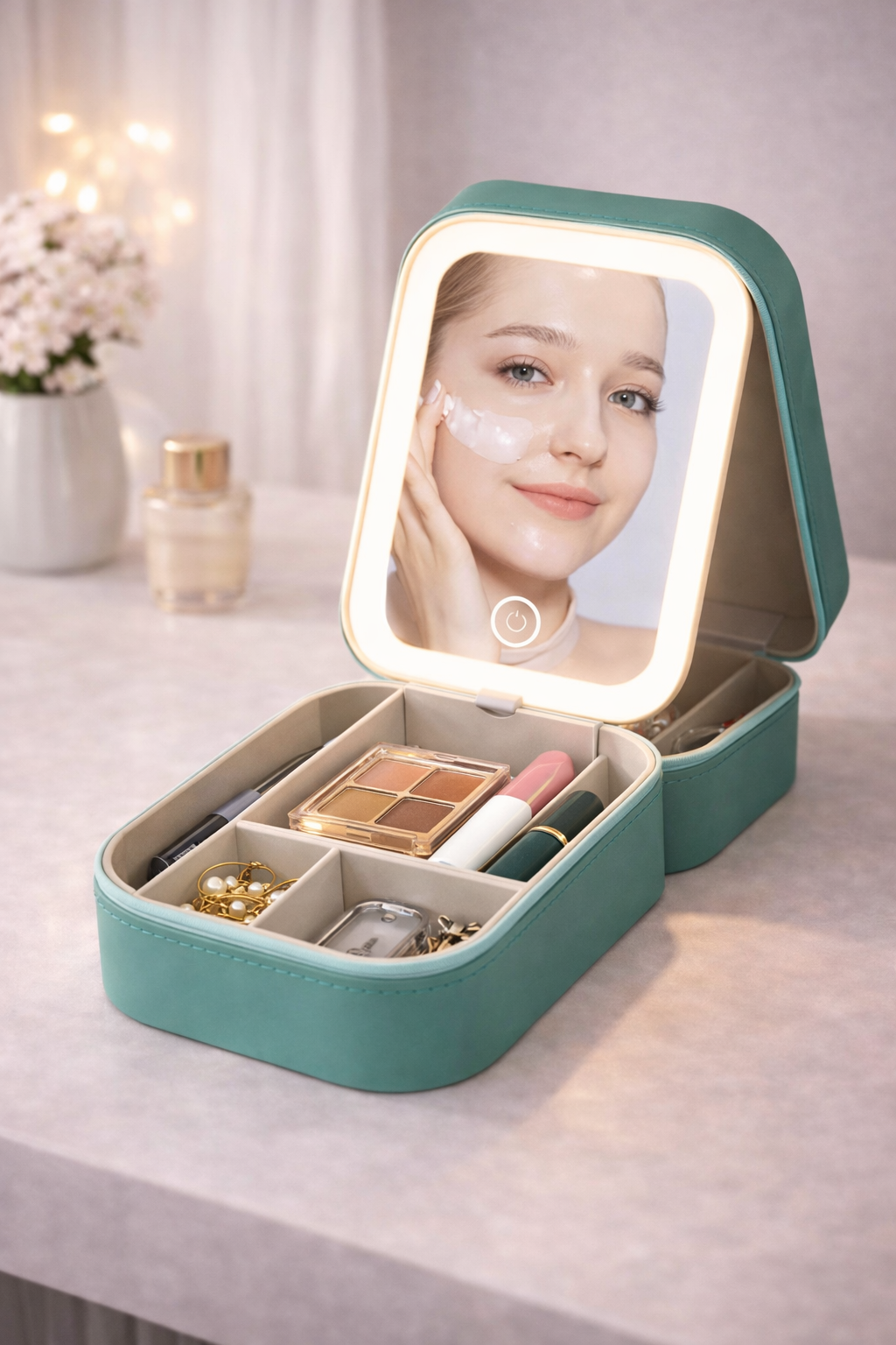 Sea Green Foldable LED Cosmetic Mirror Makeup Organizer