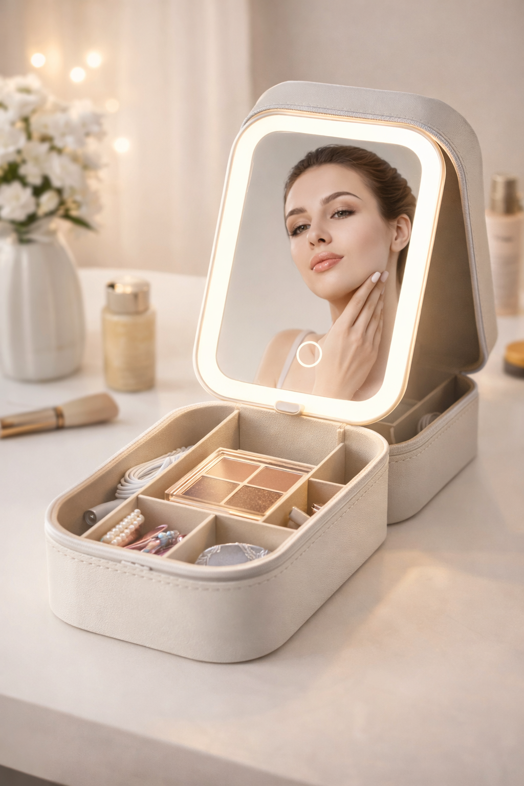 Ivory White Foldable LED Cosmetic Mirror Makeup Organizer
