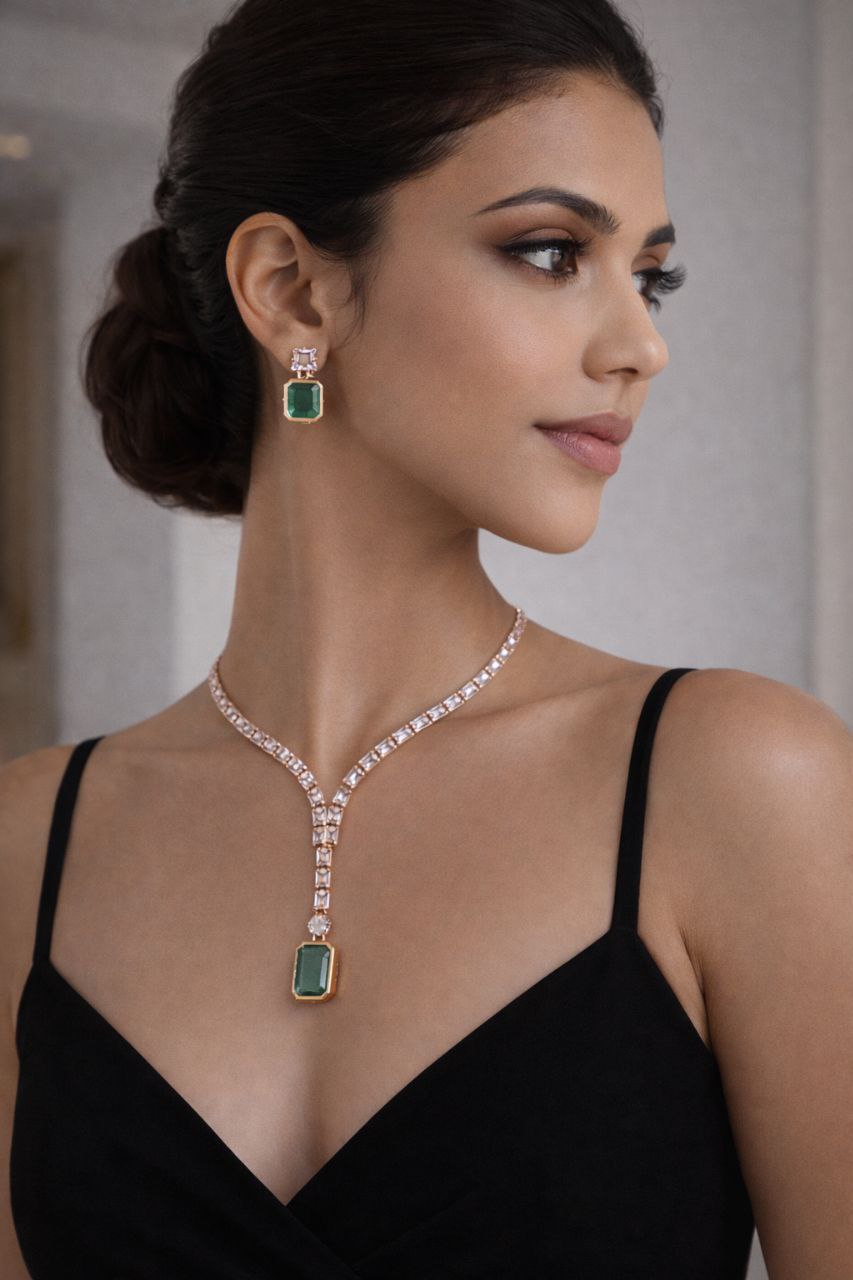 Emerald Luxe Y-Drop Necklace & Earrings Set