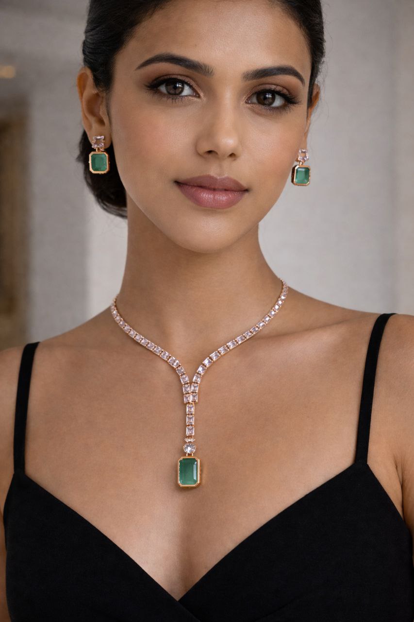Emerald Luxe Y-Drop Necklace & Earrings Set