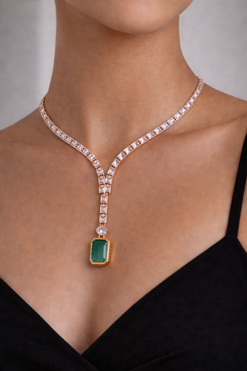 Emerald Luxe Y-Drop Necklace & Earrings Set