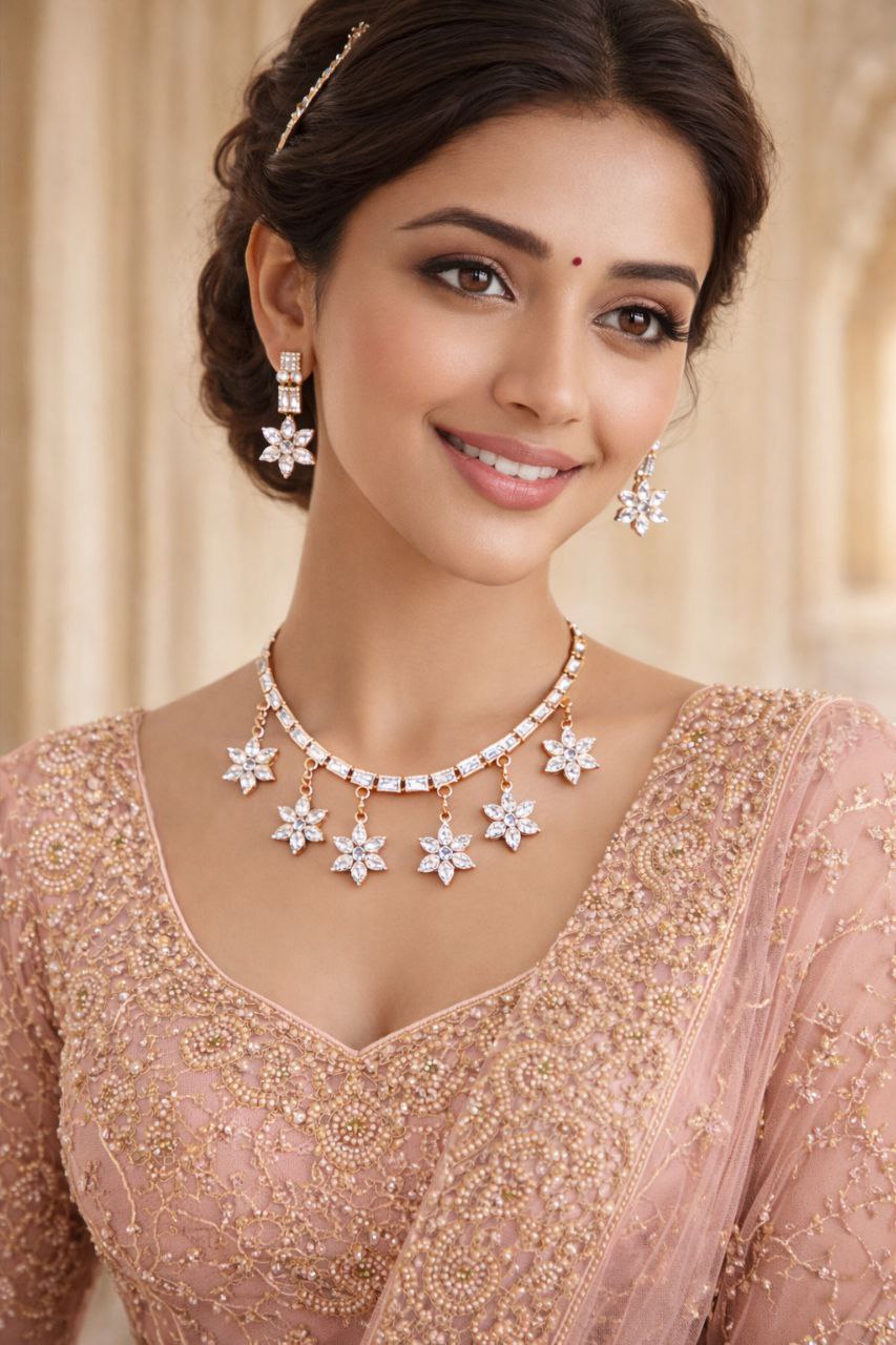 Floral Drop Diamond Necklace & Earrings Set (Rose Gold Finish)