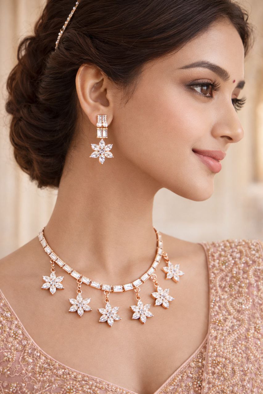 Floral Drop Diamond Necklace & Earrings Set (Rose Gold Finish)