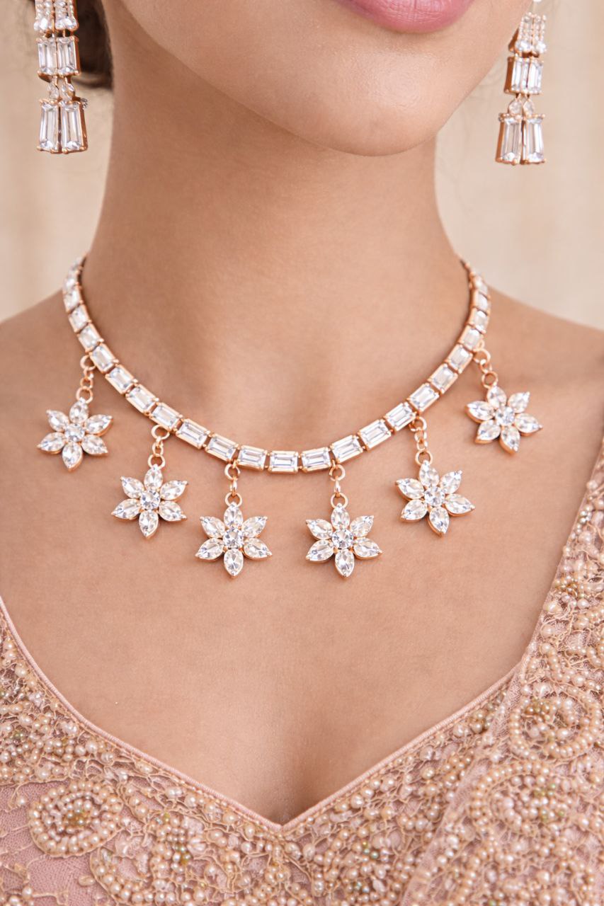 Floral Drop Diamond Necklace & Earrings Set (Rose Gold Finish)