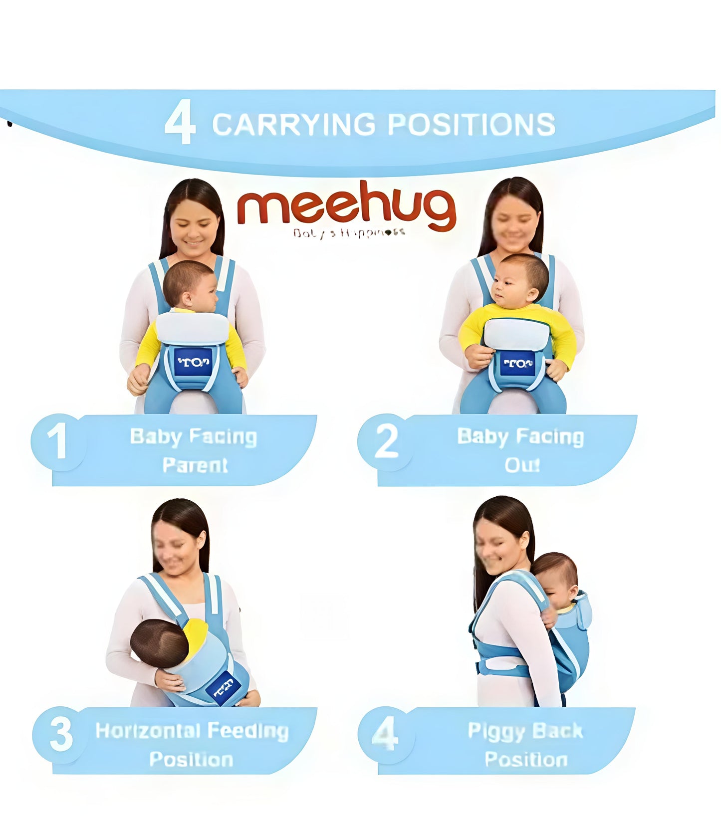 4 in 1 Ergonomic Sky Blue Baby Carrier – Front & Back Carry, Breathable Mesh, Adjustable Straps, Lightweight Design (Up to 24 Months)