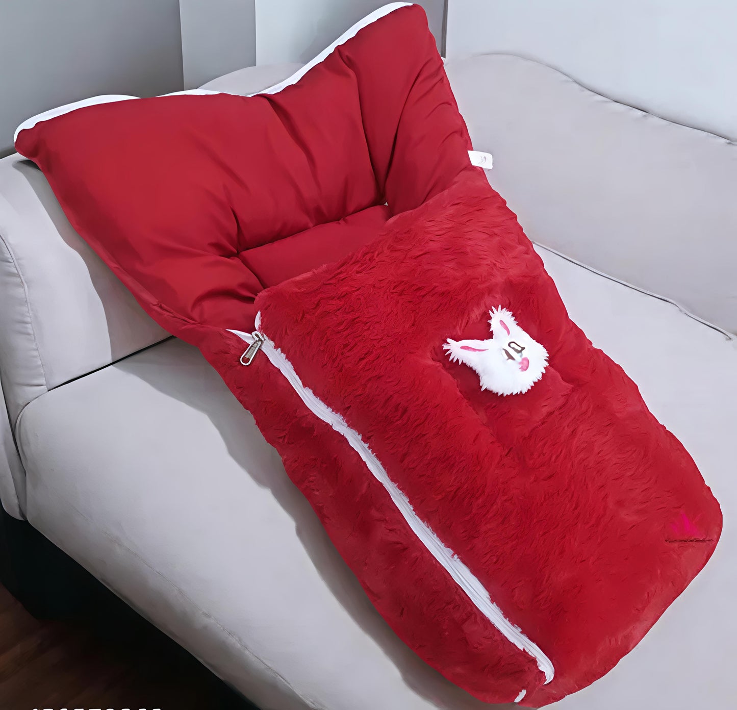 Baby Sleeping Bag – Soft Fur Outside, Cotton Inside, Warm & Comfortable, Zipper Closure, Red Color (0–12 Months)