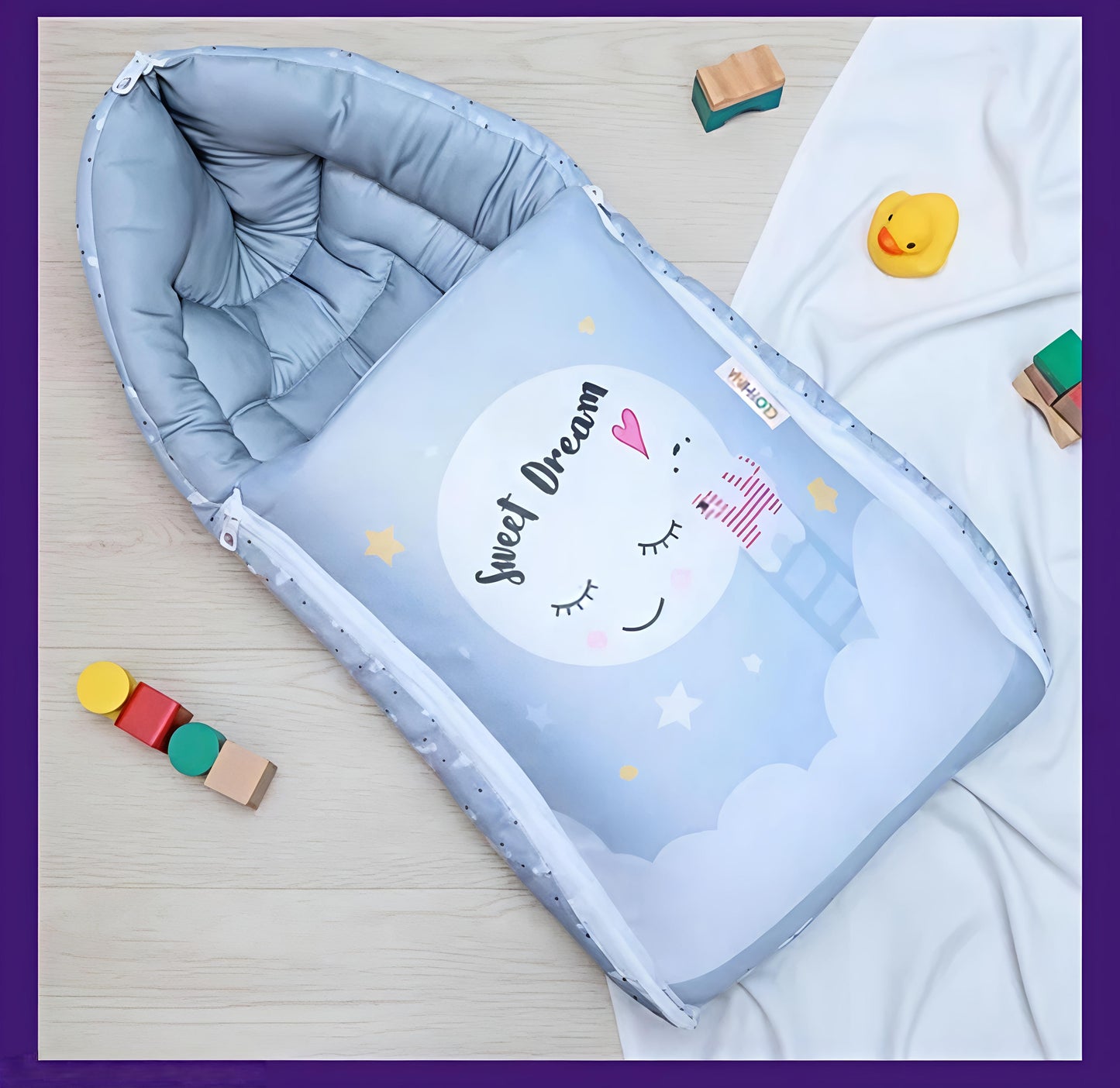 Baby Sleeping Bag cum Bed – Soft Cotton Fabric, Foldable Design, Zipper Closure, Blue Print (0–12 Months)