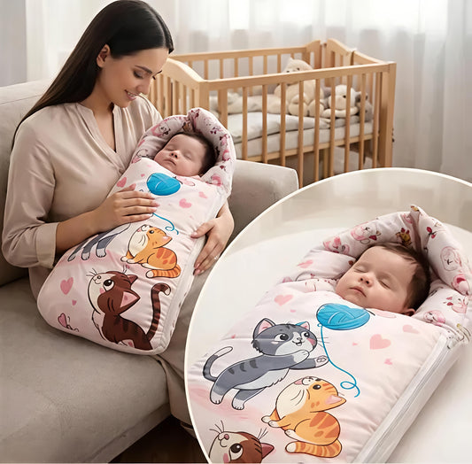 Baby Cotton Sleeping Bag cum Bed – Soft Printed Fabric, Foldable Design, Zipper Closure, Cute Cat Print (0–12 Months)