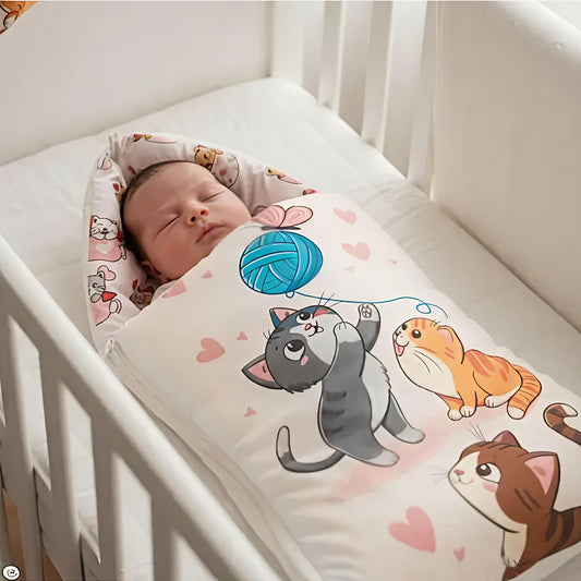 Baby Cotton Sleeping Bag cum Bed – Soft Printed Fabric, Foldable Design, Zipper Closure, Cute Cat Print (0–12 Months)