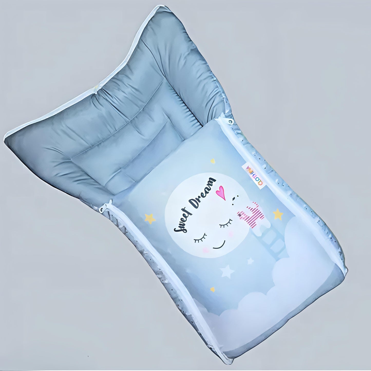 Baby Sleeping Bag cum Bed – Soft Cotton Fabric, Foldable Design, Zipper Closure, Blue Print (0–12 Months)