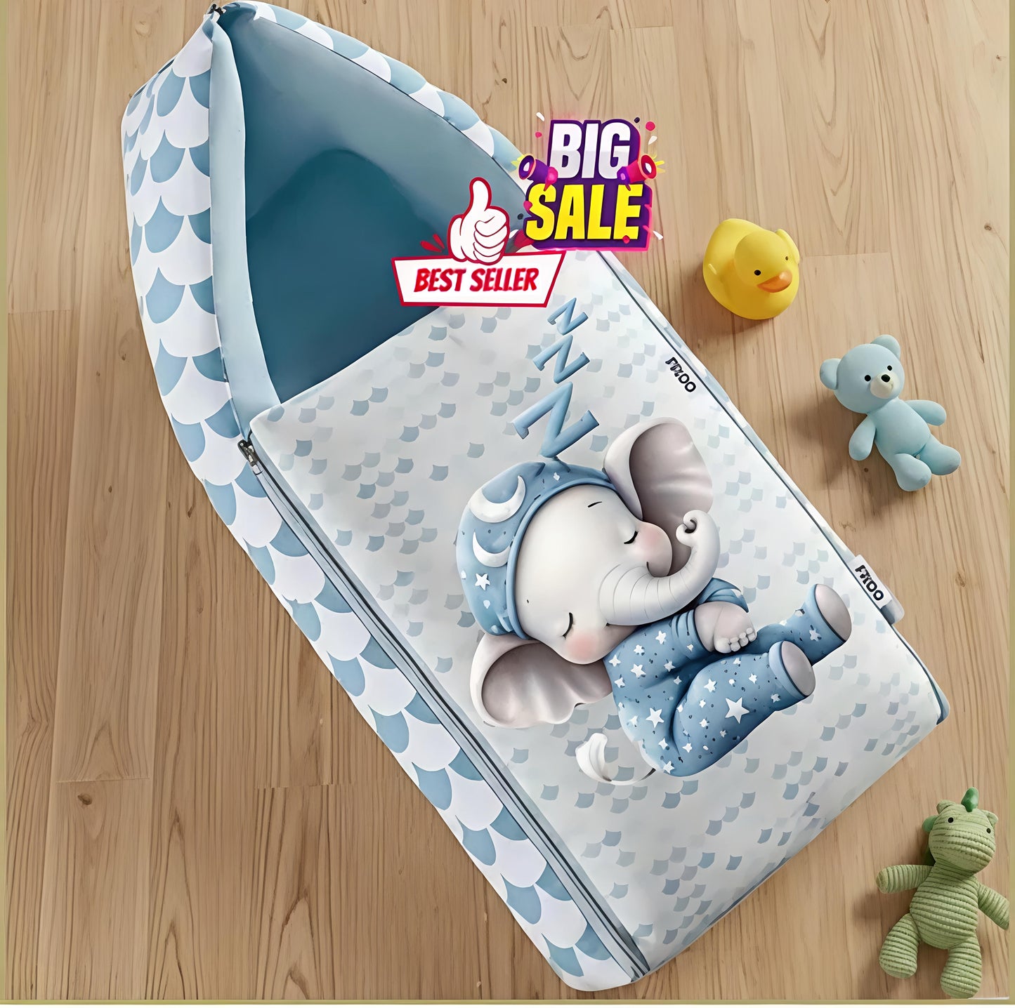 Soft Cotton Baby Sleeping Bag – Cute 3D Elephant Print, Zipper Closure, 0–2 Years (70 x 30 cm)
